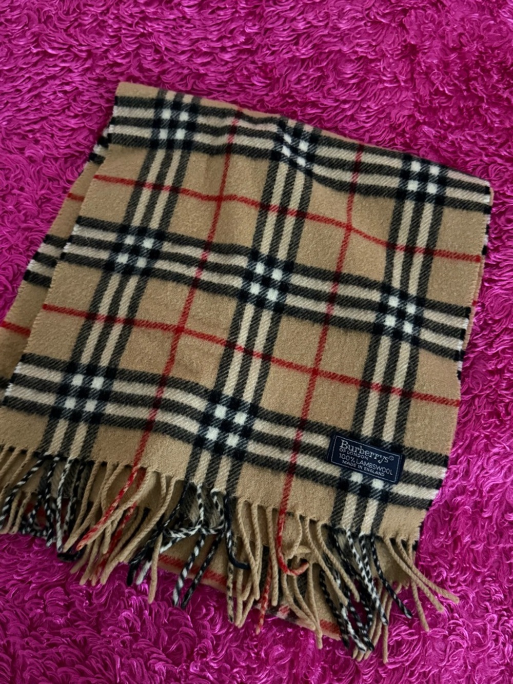 Burberry Tan Check Cashmere Blend Scarf with Black & Red Accents